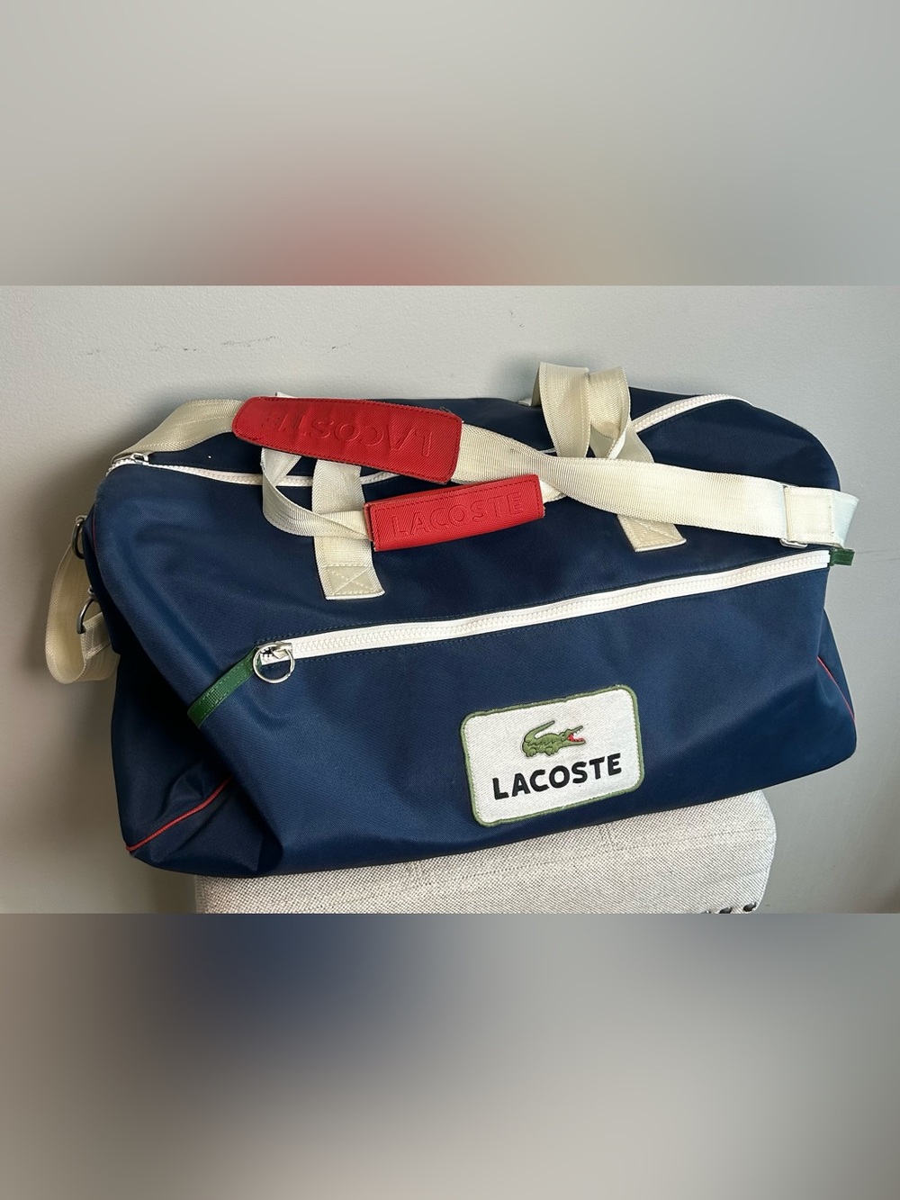 Vintage Lacoste Gym Bag Duffel Red White & Blue Retro Handbag Travel Tote Zipper